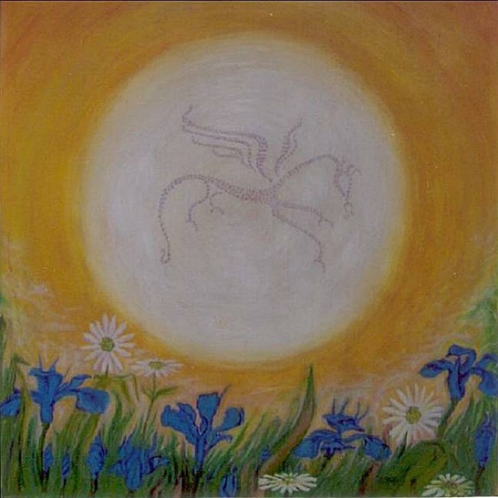 Painting of a dragon within a glowing sun, above a field of irises and daisies