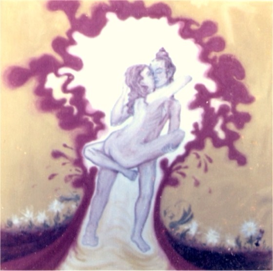 Painting of Siva and Shakti embracing within a ring of purple flame, shown at the Beat Festival in Ipswich
