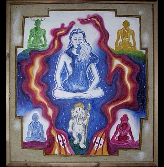Painting of Siva and Shakti united in meditation with Ganesh below, surrounded by four seated figures