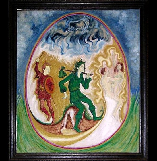 Framed painting of figures within a cosmic egg — a warrior, a green piper and dancing women