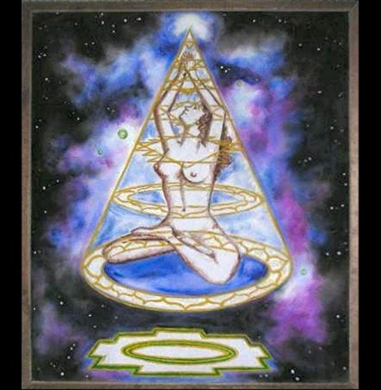 Painting of Lalita seated within a cone of interlocking golden rings above a yantra